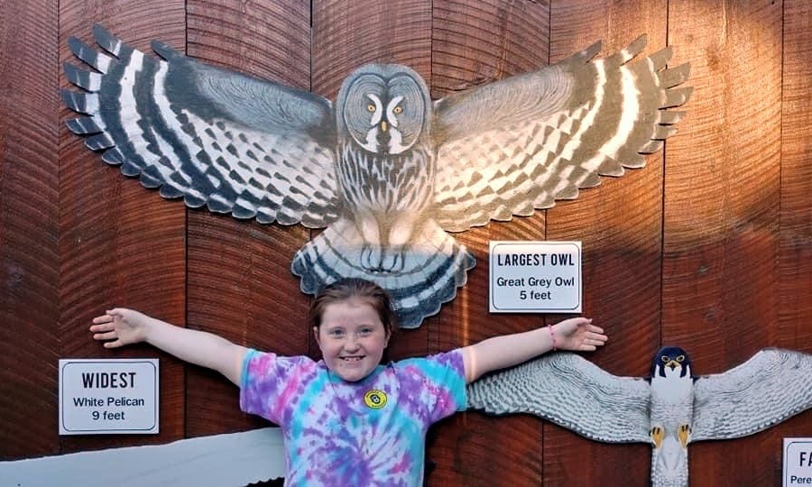 a girl measuring her wingspan by standing in front of a wooden owl while on a tour