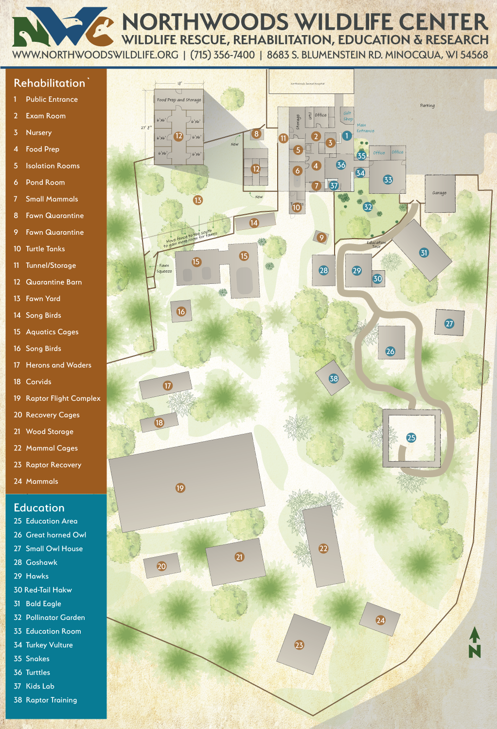 Overview map of the Northwoods Wildlife Center's wildlife rehabilitation facilities and education facilitities