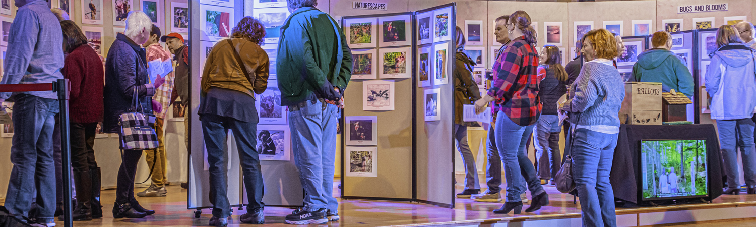 Attendees enjoying and voting on the photos displayed at the Northwoods Wildlife Center's Photo Gala