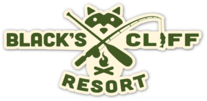 Black's Cliff Resort Logo with raccoon face.