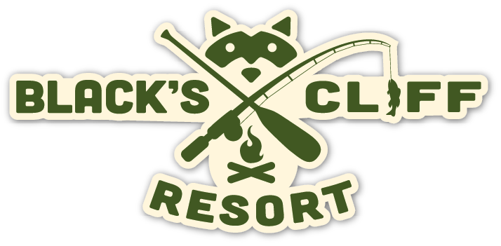 Black's Cliff Resort Logo with raccoon face.