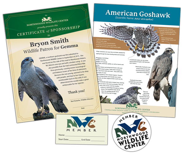 this graphic shows a sample of the sponsorship photo certificate, the animals fact poster, a membership card and a membership sticker.