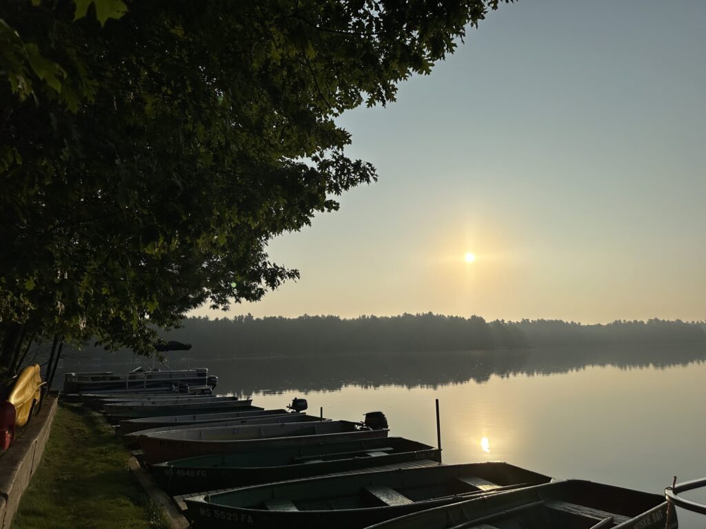 Fishing boats on Lower Kaubashine Lake at Black's Cliff Resort